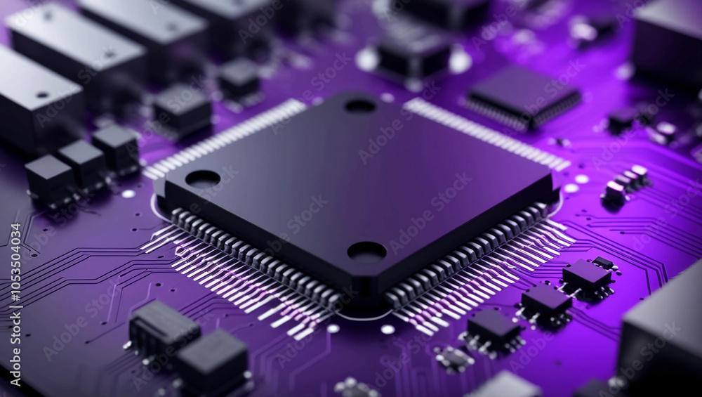 Poster the close-up of a high-tech circuit board with purple lighting, symbolizing advanced microchip techn