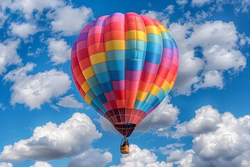 Obraz premium Colorful Hot Air Balloon Soaring Against a Blue Sky with Fluffy Clouds