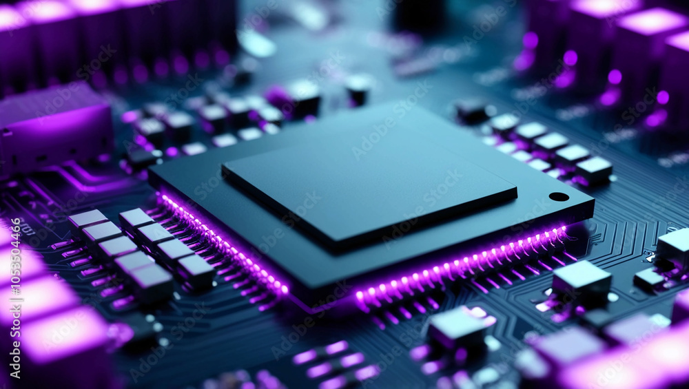 Poster a close-up of a high-tech circuit board with purple lighting, symbolizing advanced microchip technol