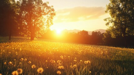 Sun setting over a serene meadow