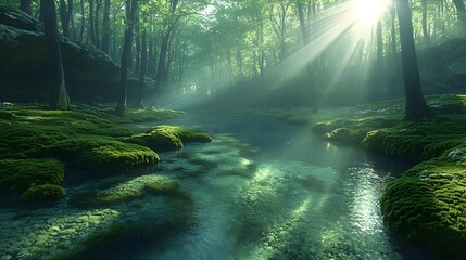 Fototapeta premium A serene forest scene showcasing a crystal-clear stream flowing through lush green moss, illuminated by soft rays of sunlight breaking through the tall trees.