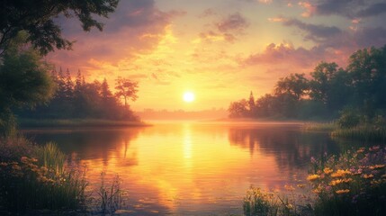 Obraz premium Sun setting over a serene pond