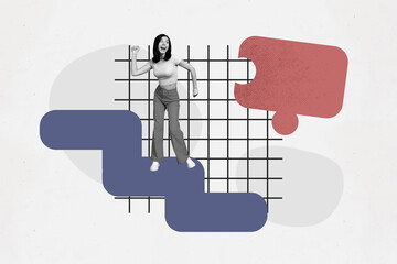Composite photo collage of excited businesswoman dance puzzle element icon match strategy...