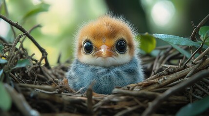 Fototapeta premium A tiny, fluffy chick with large, dark eyes sits in a nest of twigs and leaves, looking directly at the camera.