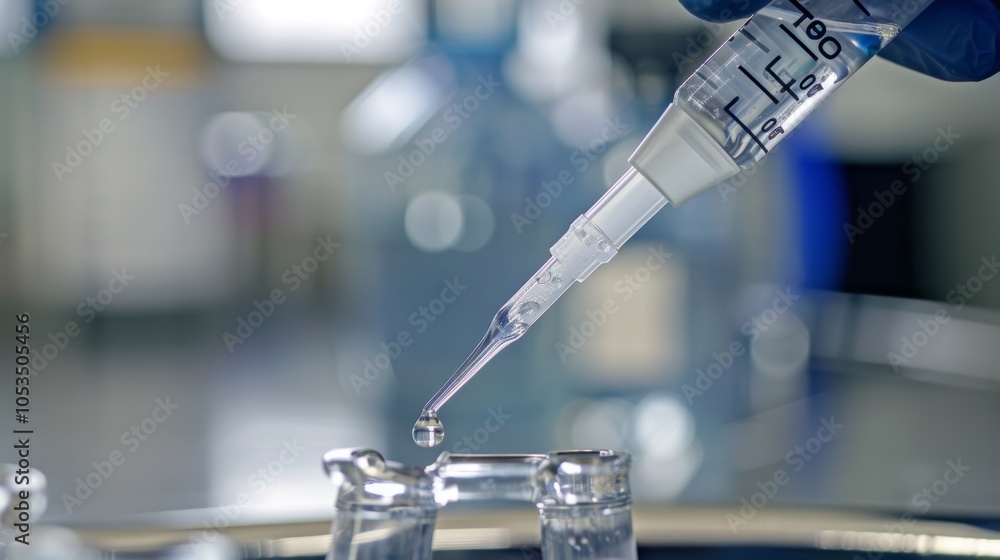 Poster close up of a scientist wearing blue gloves using a pipette to drop a precise amount of liquid into 