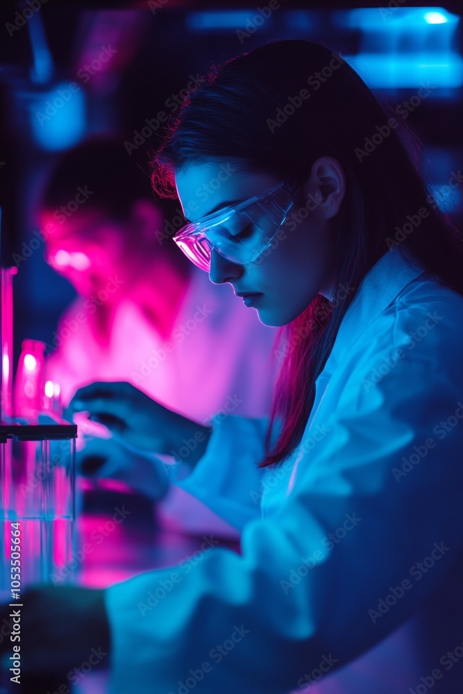 Poster in a laboratory setting, a scientist is focused on conducting experiments while surrounded by vibran