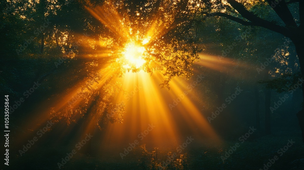 Poster sun rays filtering through trees.