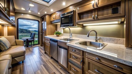 Wide-Angle RV Motorhome kitchen with sink cabinets and counters