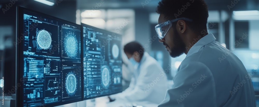 Poster in a high-tech laboratory, a scientist carefully examines intricate data visualizations on large scr