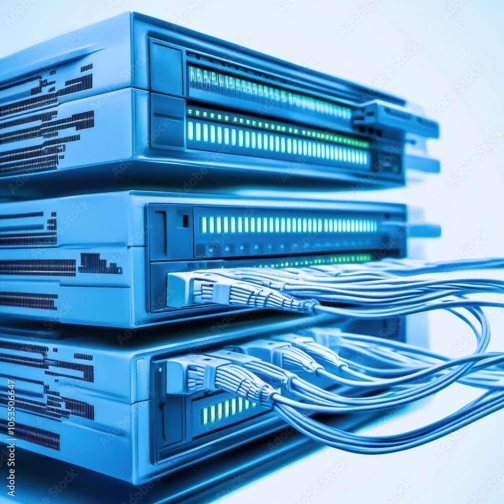 Poster stack of modern servers with glowing indicators and connected cables.
