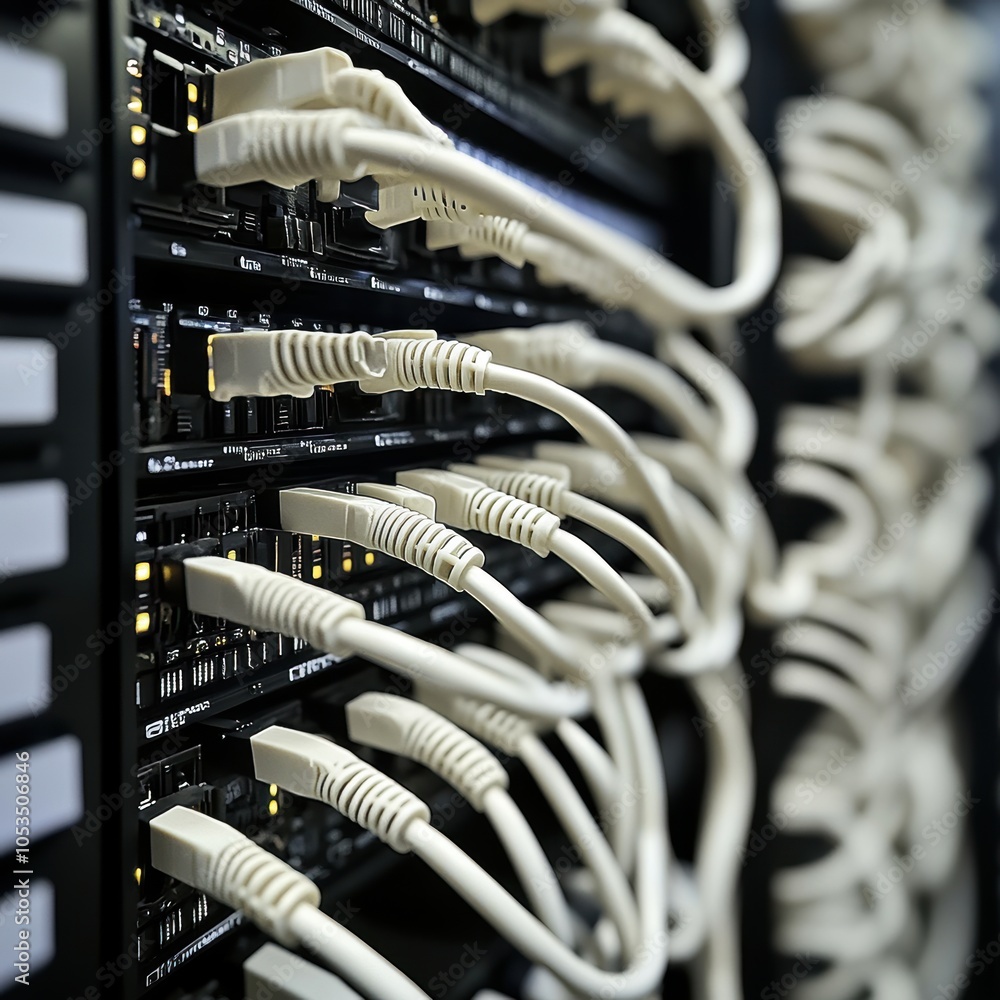 Poster Close-up of network cables connected to server racks in a data center.