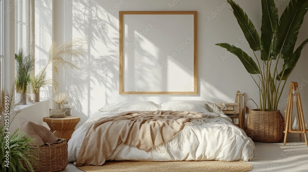 Poster Scandinavian bedroom with an empty frame set.