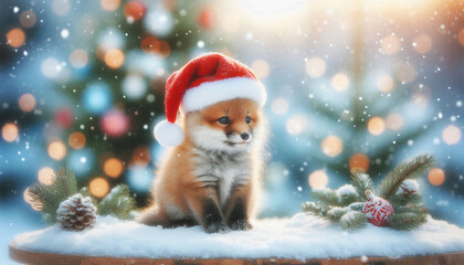 Charming fox cub with a Santa hat sits on snow, surrounded by Christmas decorations and bokeh lights