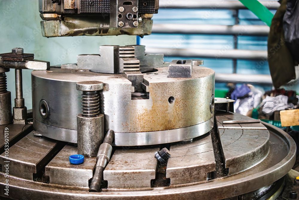 Poster a close-up view of a metal drilling machine in operation, showcasing precision engineering in a work