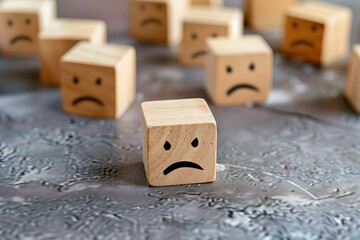 Negative emotions. Agitated, unhappy, irritated and angry face expression on wooden blocks symbolizing customer experience in business