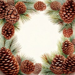Fototapeta premium watercolor of pine cones all around isolated with empty copy space in the middle