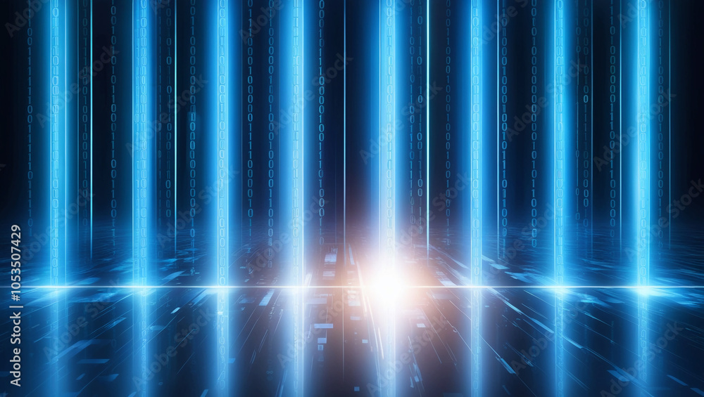 Poster the blue digital data flow, vertical stripes of light and binary code representing information trans