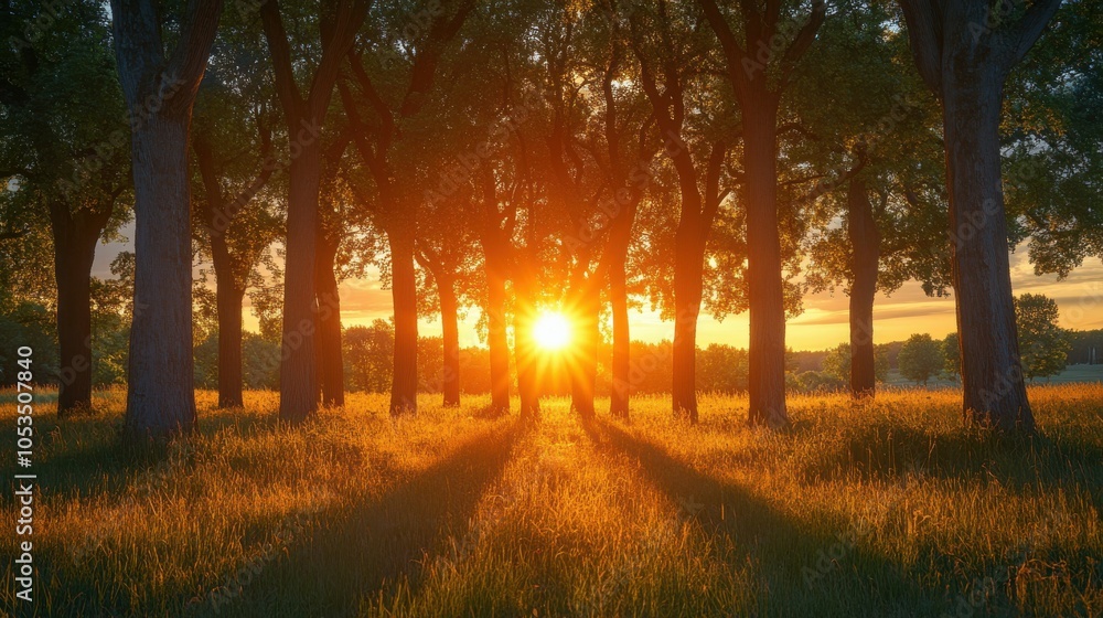 Poster sun setting behind a grove of trees
