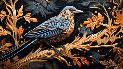 A blue and brown bird perched on a branch with intricate, golden-brown leaves, all against a black background, creating a beautiful, 3D, paper-like effect.