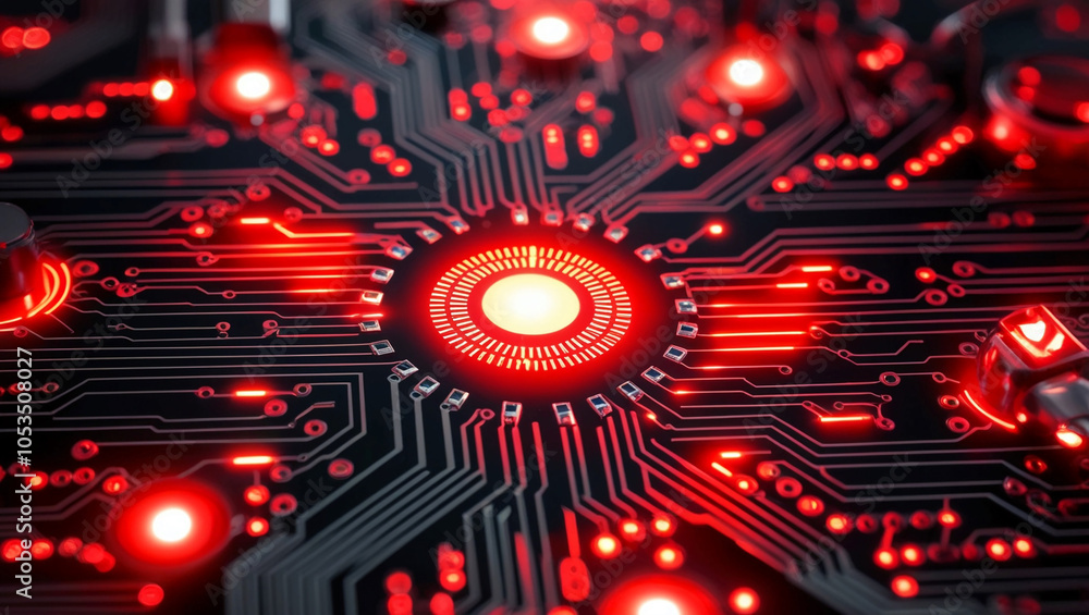 Poster red and black circuit board illuminated with bright red light, representing high-speed data transfer