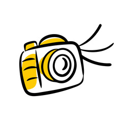 A simple, stylized drawing of a camera features bold black lines and yellow accents