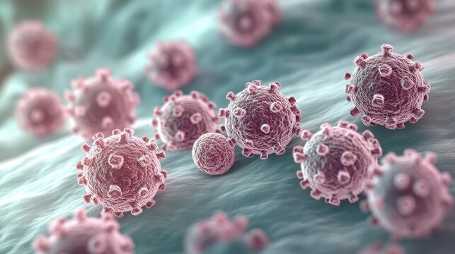 Microscopic View of Virus Particles, 3D Illustration Depicting Viral Infection and Spread