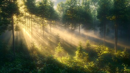 Obraz premium Beautiful misty forest with sun rays piercing through the trees, creating a serene and magical atmosphere. The lush greenery glows in the warm light, inviting exploration.