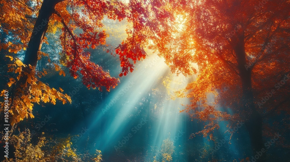 Poster sunlight streaming through colorful trees