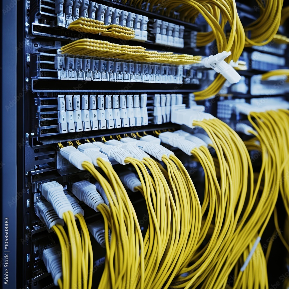 Poster close-up of a network switch with yellow cables in a data center environment.
