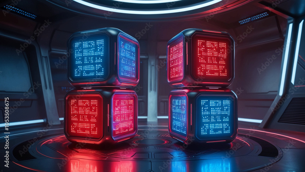 Poster the futuristic digital cubes in red and blue, illuminated in a sci-fi environment with a sleek metal