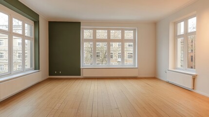 Fototapeta premium Spacious Empty Room With Wooden Floor, White Walls, And Large Windows In Modern Apartment.