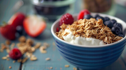 A delicious bowl of granola topped with fresh berries and creamy yogurt served on a rustic wooden table for a healthy breakfast option