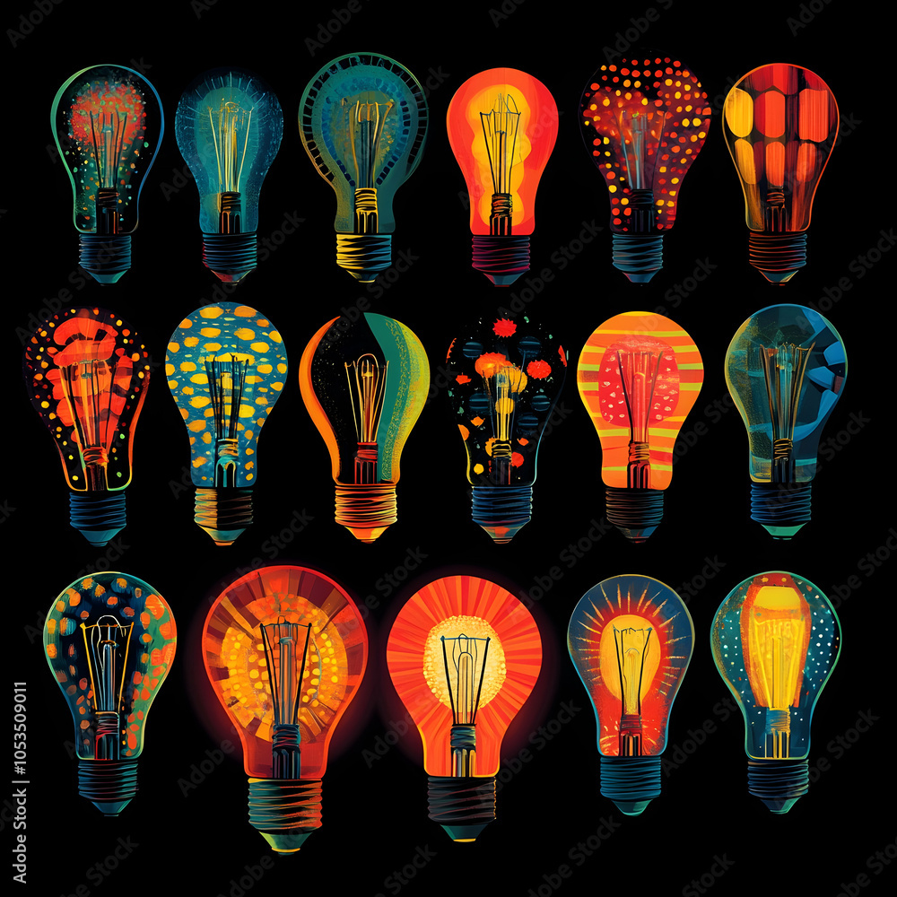 Aufkleber 18 light bulbs with different colorful patterns inside on a black background.