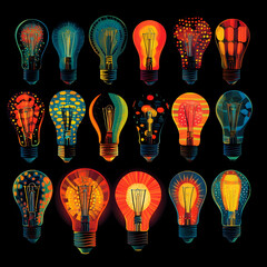 Fototapeta premium 18 light bulbs with different colorful patterns inside on a black background.