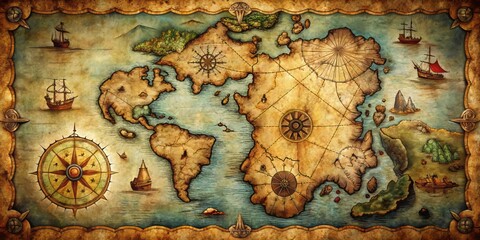 Naklejka premium Old Pirate Treasure Map with Lost Islands, Vintage Nautical Elements, Ocean Depths, Adventure and Exploration, Antique Cartography, Mysterious Seas, Treasure Hunting