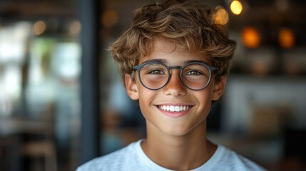 Obraz premium Teenaged American boy with trendy glasses and a cheerful grin.