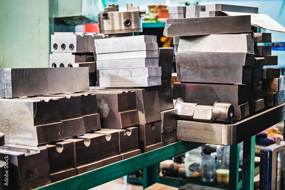 Aufkleber metal blocks and machining tools arranged on a workbench in a manufacturing workshop during busy hou