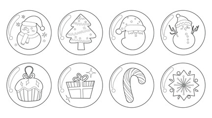 Set of isolated Christmas and New Year label in cute doodle style on transparent background. Volume 6 : Black outline with white plain.