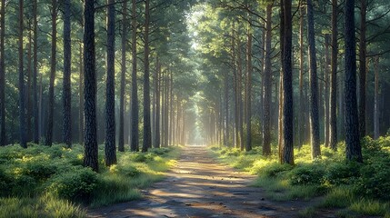 Obraz premium A serene pathway through a lush green forest, surrounded by tall pine trees, showcasing the beauty of nature with soft sunlight filtering through the branches.
