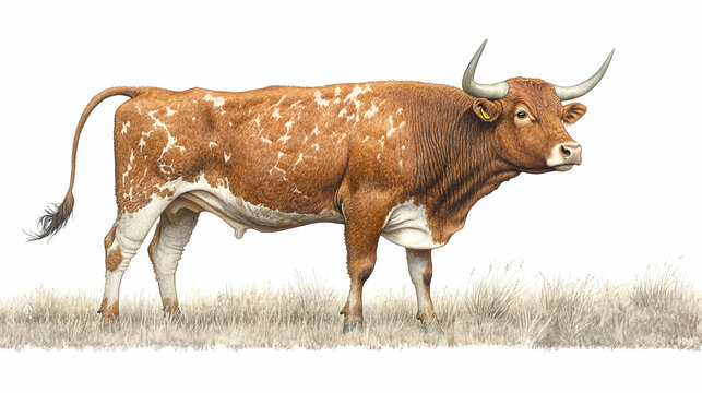 A brown and white Texas Longhorn bull stands in a field of dry grass with his horns curved back and his tail swishing.