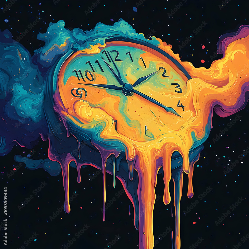 Poster a clock melting into a colorful abstract space.