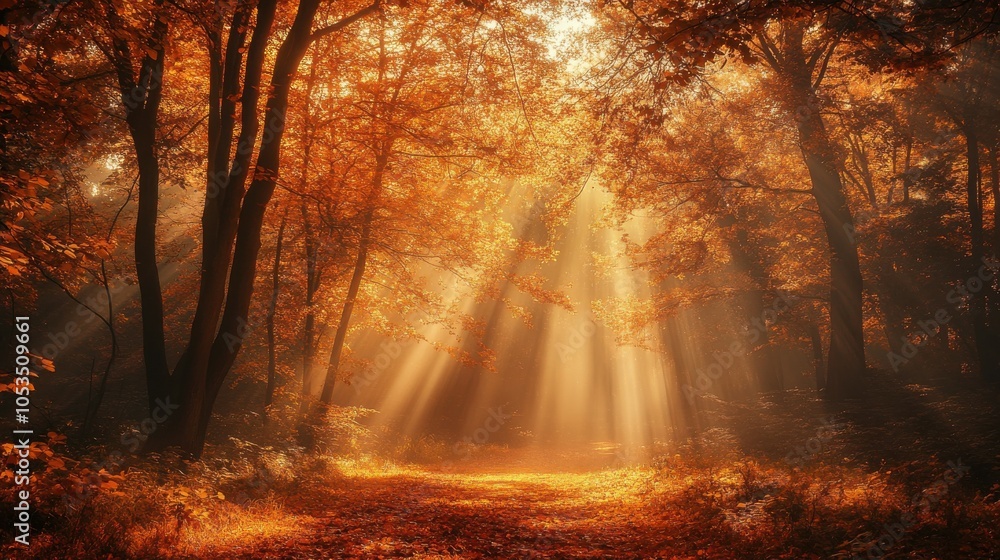 Poster sunlight filtering through fall trees