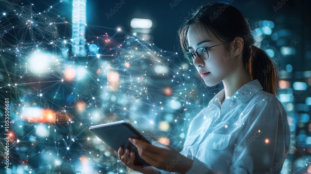 Poster a female engineer confidently using a tablet, with a double exposure effect overlaying a bustling ci