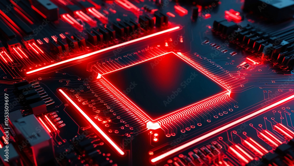 Poster abstract red and black circuit board illuminated with bright red light, representing high-speed data