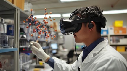 A scientist using a VR headset to explore molecular structures in a lab