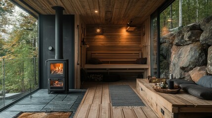 Scandinavian cabin with a sauna and wood-burning stove.