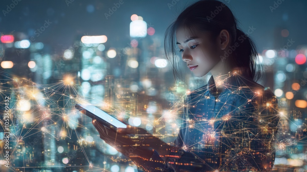 Poster a female engineer confidently using a tablet, with a double exposure effect overlaying a bustling ci