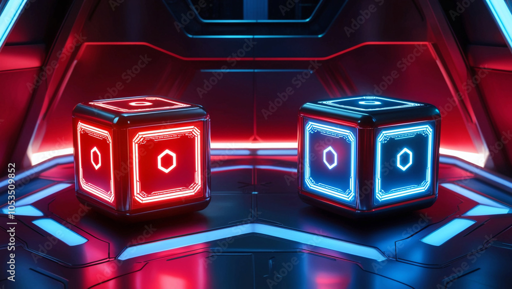 Poster modern futuristic digital cubes in red and blue, illuminated in a sci-fi environment with a sleek me