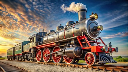 Naklejka premium Wide-angle side view of vintage Indian steam locomotive