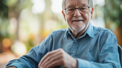 Smiling elderly man with glasses, wearing a blue shirt, enjoying a sunny outdoor setting.